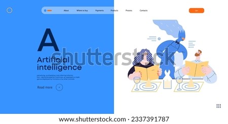 Artificial intelligence, Waiter -modern flat vector concept illustration of waiter AI taking order, giving advice on choosing in restaurant. Metaphor of AI advantage, superiority and dominance concept