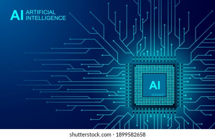 Artificial intelligence web banner. 3D isometric illustration of a processor chip. The process of data processing. Developments in modern technologies. Microcircuits on neon glowing background