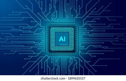 Artificial intelligence web banner. 3D isometric illustration of a processor chip. The process of data processing. Developments in modern technologies. Microcircuits on neon glowing background