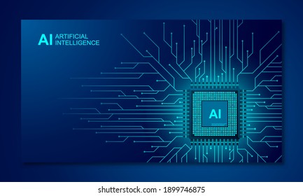 Artificial intelligence web banner. 3D isometric illustration of a processor chip. The process of data processing. Developments in modern technologies. Microcircuits on neon glowing background