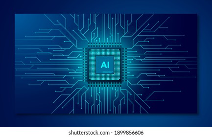 Artificial intelligence web banner. 3D isometric illustration of a processor chip. The process of data processing. Developments in modern technologies. Microcircuits on neon glowing background