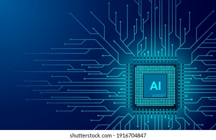 Artificial intelligence web banner. 3D isometric illustration of a processor chip. The process of data processing. Developments in modern technologies. Microcircuits on neon glowing background