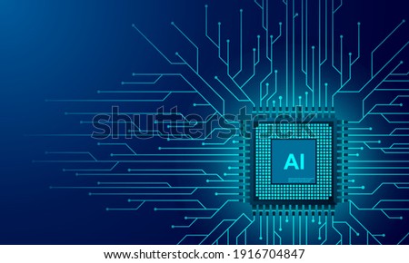 Artificial intelligence web banner. 3D isometric illustration of a processor chip. The process of data processing. Developments in modern technologies. Microcircuits on neon glowing background