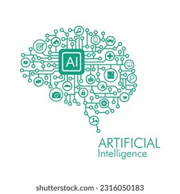 Artificial intelligence web banner. Brain web illustration of AI development and application. Wireframe illustration. Artificial Intelligence logo concept