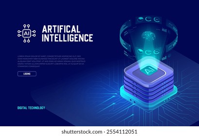 Artificial Intelligence web banner, computer database concept with hologram brain and analytics, AI chipset on circuit board. Isometric Vector Landing Page, Deep Learning, Machine Learning.