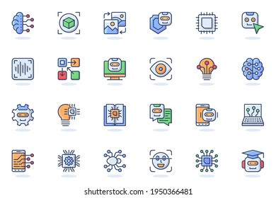 Artificial Intelligence Web Flat Line Icon. Bundle Outline Pictogram Of Smart Machine Learning, Robots, Cloud Computing, AI Innovations Concept. Vector Illustration Of Icons Pack For Website Design