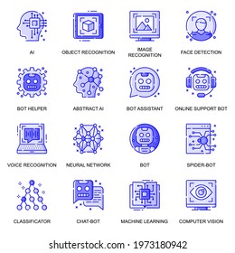 Artificial Intelligence web flat line icons set. Pack outline pictogram of image recognition, face detection, machine learning concept. Vector illustration of symbols for website mobile app design