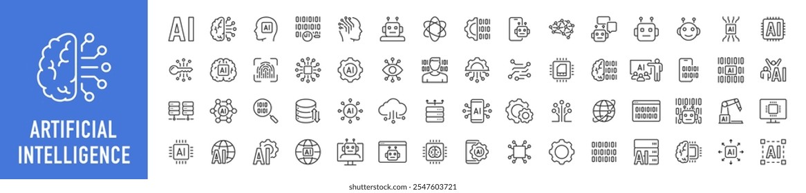 Ícones da Web de Inteligência Artificial em estilo de linha. Inovação tecnológica, máquina, robô, robô, cérebro, coleção. Ilustração vetorial.