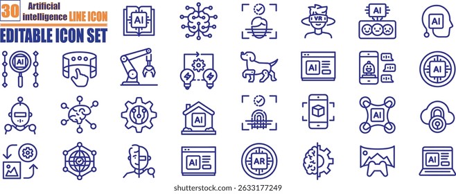 Artificial Intelligence web icons in line style. Containing machine learning, data science, AI, virtual assistant, generative AI, technology, Turing test and more. Solid vector icons collection.