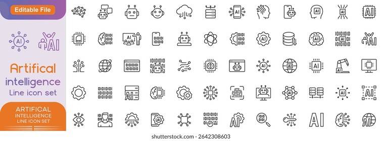 Artificial Intelligence web icons in line style. Innovation technology, machine, robot, bot, brain, collection, Line icon set...