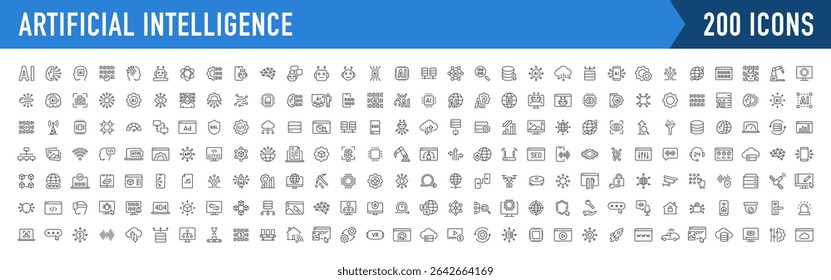 Iconos web de inteligencia artificial en estilo de línea. Tecnología de innovación, virtual, aprendizaje, asistente, prueba, máquina, robot, bot, cerebro, colección. Ilustración vectorial.	