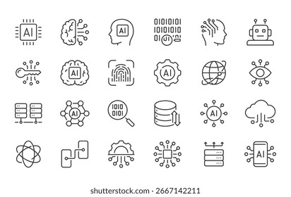 Artificial Intelligence web icons in line style. Innovation technology, machine, robot, bot, brain, collection. Vector illustration.