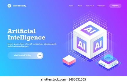 Artificial Intelligence Website Poster Or Landing Page Design With 3d AI Cube Block And Digital Circuit Chip.