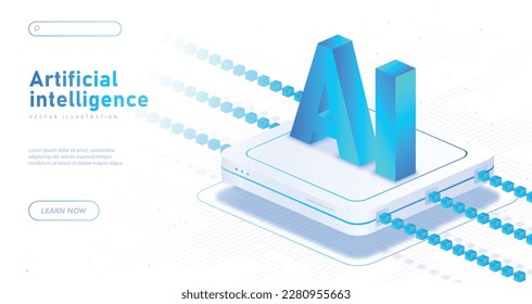 Artificial intelligence white banner. Modern technology and innovation, futuristic landing page design. Workflow automation, bot and robot, machine learning. Cartoon isometric vector illustration