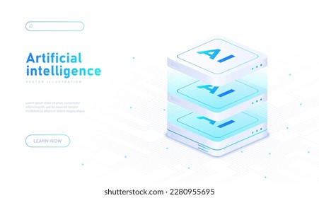 Artificial intelligence white banner. Workflow automation and machine learning. Innovations and modern technologies. Storing and processing information. Cartoon isometric vector illustration