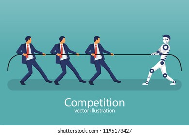 Artificial intelligence wins in strength and endurance team of people. Competitions of the future. One robot is stronger than humans. Tug of war as symbol of rivalry. Vector illustration flat design.