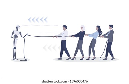 Artificial intelligence wins in tug-of-war with team of people. Robot vs human concept. Artificial intelligence is stronger than human. Vector illustration in cartoon style