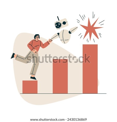 Artificial Intelligence with Woman Character Achieve Goal Step Ladder with Bot Vector Illustration