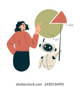 Artificial Intelligence with Woman Character with Chatbot Analyze Pie Chart Vector Illustration