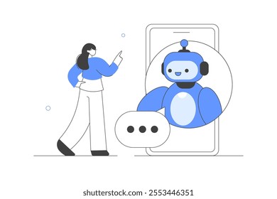 Artificial intelligence. Woman Character communicating to AI chat bot. Neural network technology. AI generating answer. Flat Cartoon Vector Illustration, icon. Stylish abstract