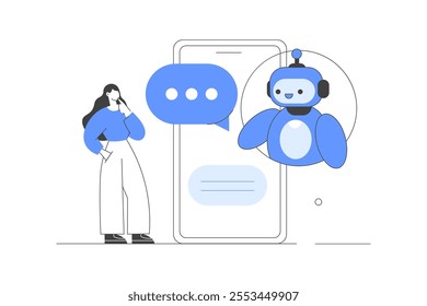 Artificial intelligence. Woman Character communicating to AI chat bot. Neural network technology.  Application. Chatbot virtual assistant. Flat Cartoon Vector Illustration, icon. Stylish abstract