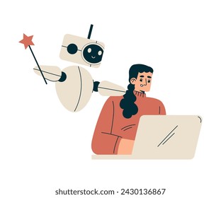 Artificial Intelligence with Woman Character at Laptop with Bot Vector Illustration