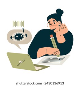 Artificial Intelligence with Woman Character Learning with Chatbot Vector Illustration
