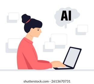 Artificial Intelligence. A woman at a desk working on a computer. Business illustration. Vector design