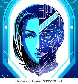 Inteligencia artificial. Cabeza de ciborg en el futuro de la alta tecnología. Diseño de líneas y puntos. Fondo azul.