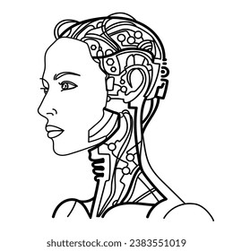 Inteligencia artificial mujer raya retrato de arte.Robot o androide mujer con una hermosa cara y alambres y microcircuitos en su cabeza.Ilustración vectorial negra y blanca.Concepto de tecnología moderna