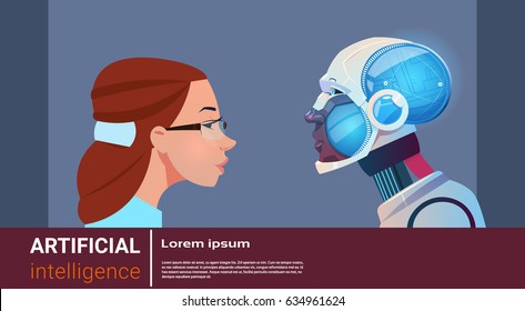 Artificial Intelligence Woman With Modern Robot Brain Technology Flat Vector Illustration