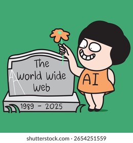 Uma Mulher De Inteligência Artificial Oferecendo Flor Para O Túmulo Ou Cemitério Da Ilustração De Personagem De Desenho Animado Conceito World Wide Web