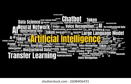 Artificial Intelligence word cloud template concept. Collage made of words about AI. Illustration background.
