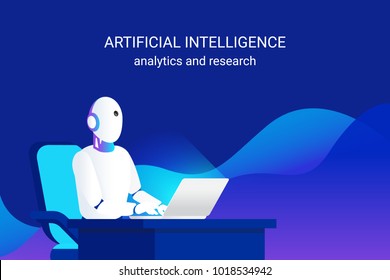Artificial intelligence working for big data analysis and calculation and machine learning. Gradient vector illustration of futuristic robot working with laptop doing ai data analytics and research Artificial intelligence working for big data analysis and calculation and machine learning. Gradient vector illustration of futuristic robot working with laptop doing ai data analytics and research