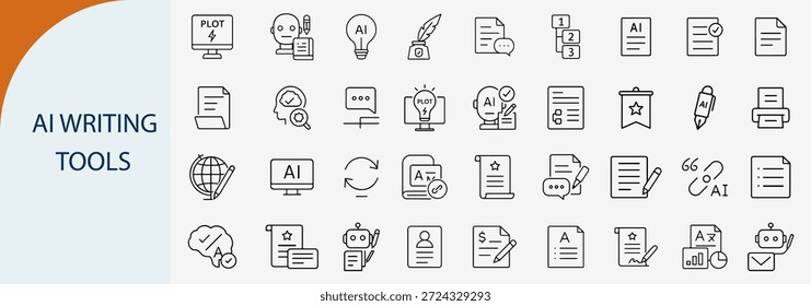 Iconos de herramientas de escritura de inteligencia artificial, software de generación de contenido de IA, Vector de línea negra