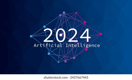 Artificial Intelligence year 2024. Triangle gradient background. Network pattern. Machine learning. Smart digital technology. AI vector illustration. Blue and pink design element