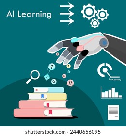 Artificial intelligence(AI) Learning and AI Education concept. Robot Hand gets everything knowledge from books and converts Know-How to a digital signal. Robotic machine learning infographic.