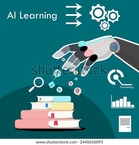 Artificial intelligence(AI) Learning and AI Education concept. Robot Hand gets everything knowledge from books and converts Know-How to a digital signal. Robotic machine learning infographic.