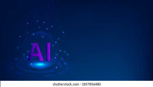 Artificial Intelligence(AI) Logo on spacecraft.dark background. Artificial Intelligence and Machine Learning Concept.Big data innovation technology. Neural networks. Vector illustration.