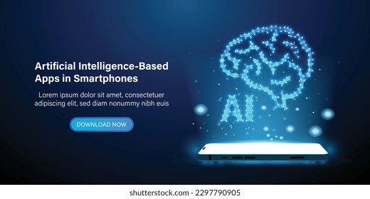 Artificial intelligence-based apps in smart phone, brain abstract vector background. Mobile smartphone and ai futuristic technology concept. Vector illustration. 