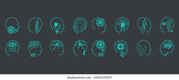 cabezas de inteligencia artificial, cabezas de IA de un conjunto de iconos. Conjunto de estilo de línea de IA, cabezas de robot de aprendizaje automático. Colección de iconos de inteligencia artificial. cabeza robótica inteligente