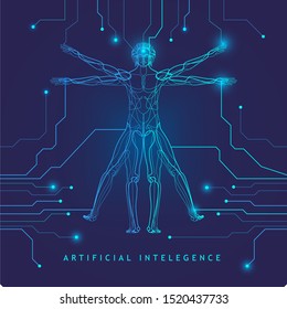 Artificial Intelligence.Human body. Homo vitruvianus. Classic proportion man. Vector illustration. 