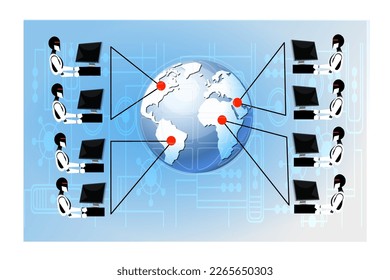 Artificial intelligences solving global emergency problems with assigned tasks, famines, natural disasters, pandemics, climate crises, etc. Vector illustration.