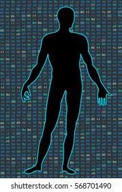 Artificial Intelligence.Silhouette of a human body on a black background program binary code. It can illustrate scientific ideas, artificial neural networks, deep learning, development of technology.