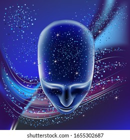 Artificial intelligence.Technology web background. Virtual concept.
Human head silhouette over a space panorama.
Meditation tools. The flow of life-affirming energy  in Galaxy.
