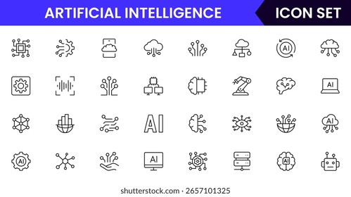 Inteligência artificial ícones de linha de vetor com algoritmos, redes neurais, processamento de dados, modelos de IA, treinamento, automação, lógica analítica, codificação e conceitos de tecnologia.