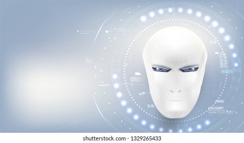 Artificial Intelligence.White male cyborg  Technology background landing page represent artificial intelligence and cyber space concept Sci-fi App HUD screen