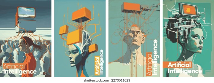 Artificial Intelligent. Art. Set of vector illustrations. Typographic poster design and watercolor painting on background.