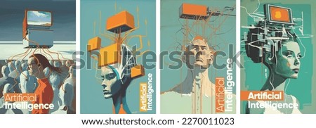Artificial Intelligent. Art. Set of vector illustrations. Typographic poster design and watercolor painting on background.