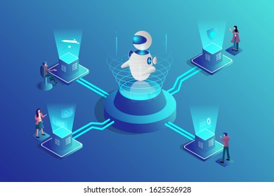 Artificial intelligent and big data concept. Isometric giant robotic and human on laboratory analysis Vector illustration design. 